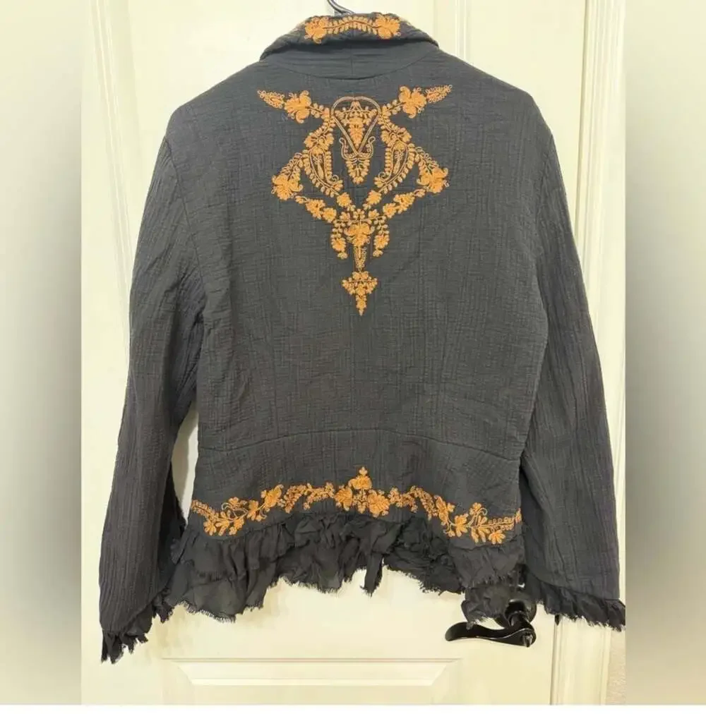Free People Willow Bed Embroidered Ruffle Hem Jacket in Black